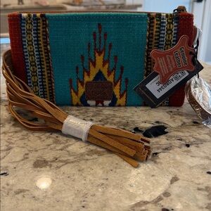 American Darling Turquoise, Brown with a Splash of Yellow Clutch with Fringe
